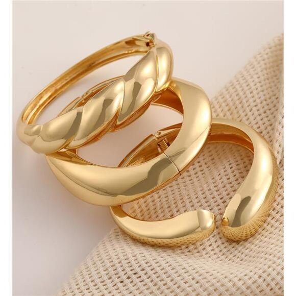 Chunky Gold Bangle Bracelet Set | 14K Plated Stackable Statement Jewelry. - Picture 1 of 5